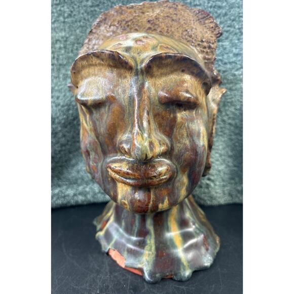 Clay Sculpture of Buddha Head Glazed Vintage Gorgeous - Picture 7 of 10